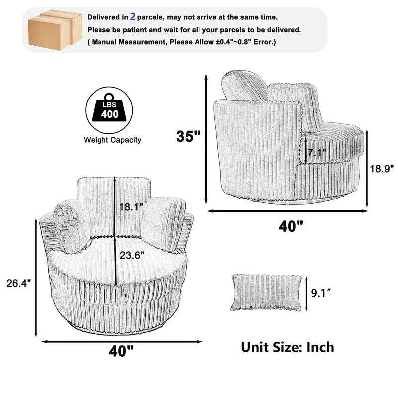 Oversized 360° Swivel Accent Chair, Modern Soft Plush Corduroy Round Barrel Chair for Living Room and Bedroom with Cushions,