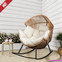 Hot-Large Cushioned PE Rattan Rocking Chair For Indoor And Outdoor Use: Perfect For Patios And Balconies