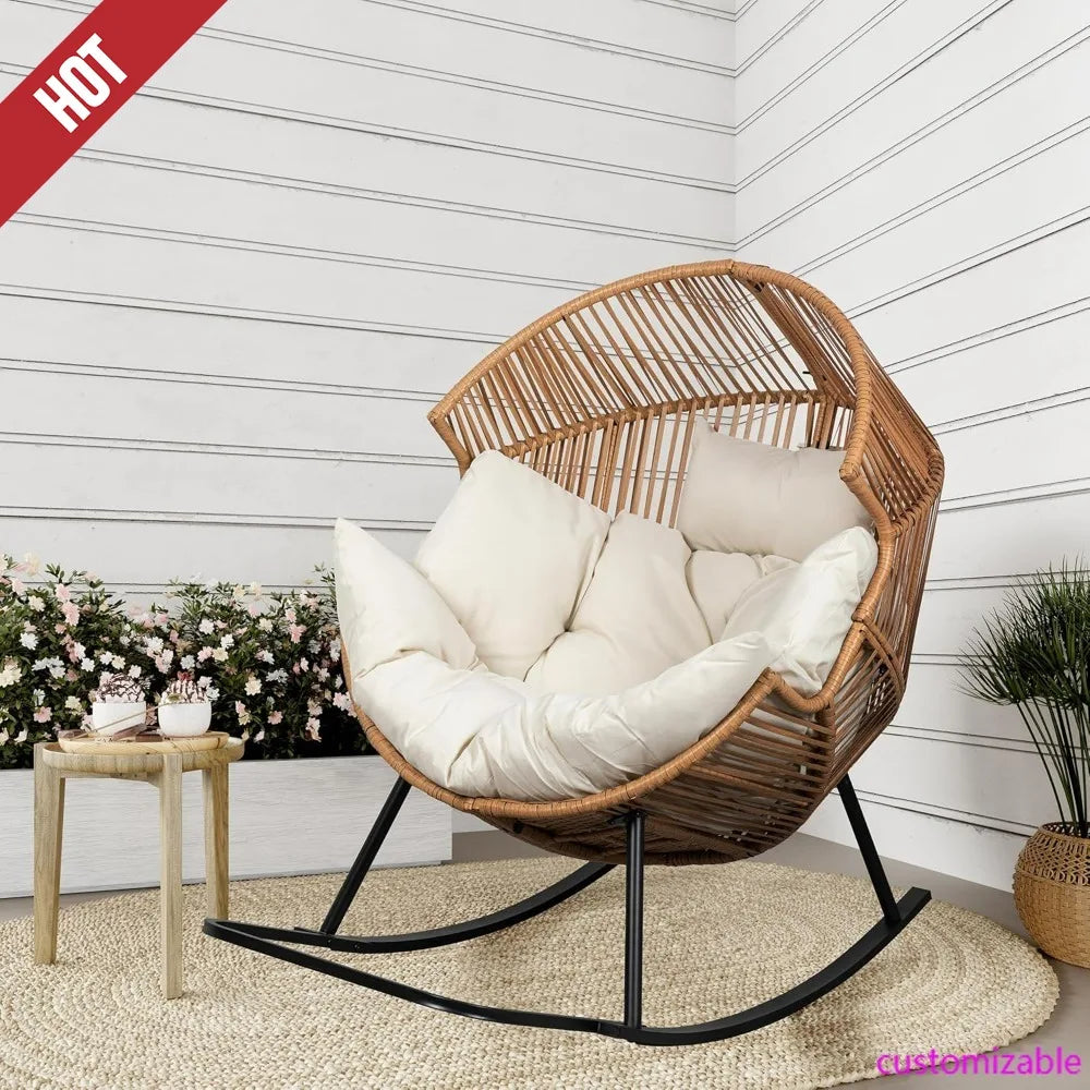Hot-Large Cushioned PE Rattan Rocking Chair For Indoor And Outdoor Use: Perfect For Patios And Balconies