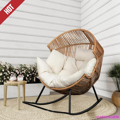 Hot-Large Cushioned PE Rattan Rocking Chair For Indoor And Outdoor Use: Perfect For Patios And Balconies