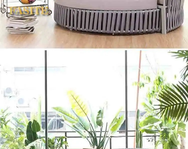 Outdoor circular bed courtyard terrace waterproof and sunscreen aluminum frame structure rope weaving storage