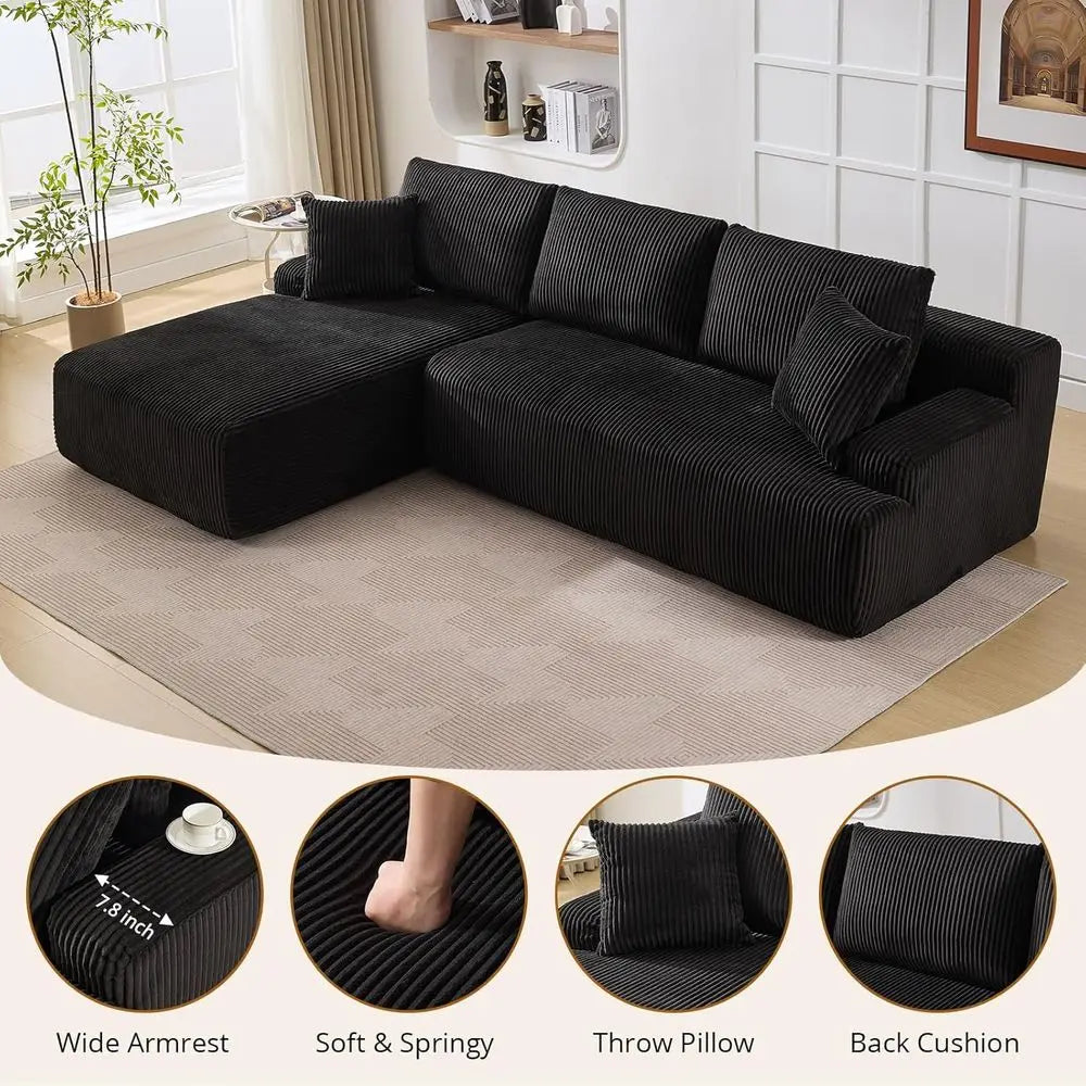 L-Shaped 106 Deep Seated Cloud Sectional Sofa with Chaise, Comfortable Corduroy, Oversized Living Room Couch, No Assembly Needed
