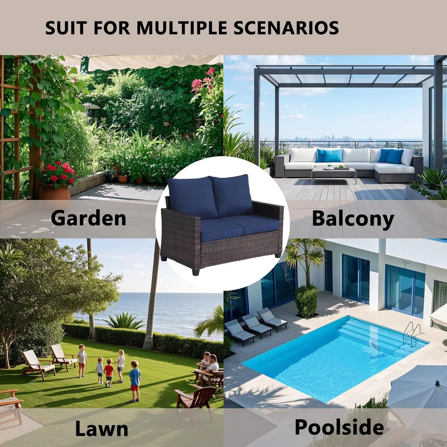 Outdoor sofa with detachable thickened cushions and backrests. It is a waterproof rattan sofa, suitable for gardens, backyards,