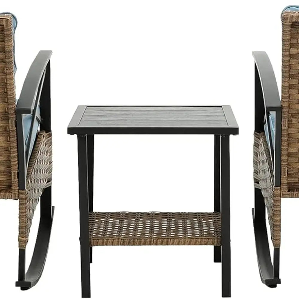 Grey Cushioned Wicker Patio Furniture Set with 3 Rocking Chairs and Coffee Table for Garden, Lawn, and Backyard