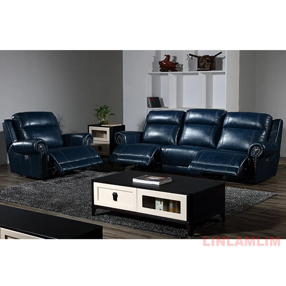 MINGDIBAO Luxury Genuine Leather Power Recliner Sofa Set, L Shape Electric Reclining Couch with Nailhead Trim, Home Theater Seat
