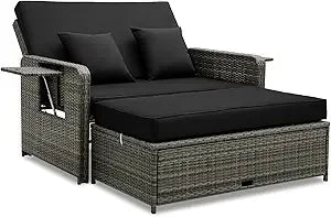 Wicker Patio Outdoor Daybed - Rattan Day Bed Lounger with Loveseat & Storage Ottoman, Sunbed Sofa Set w/Cushions, 4-Level Adjus