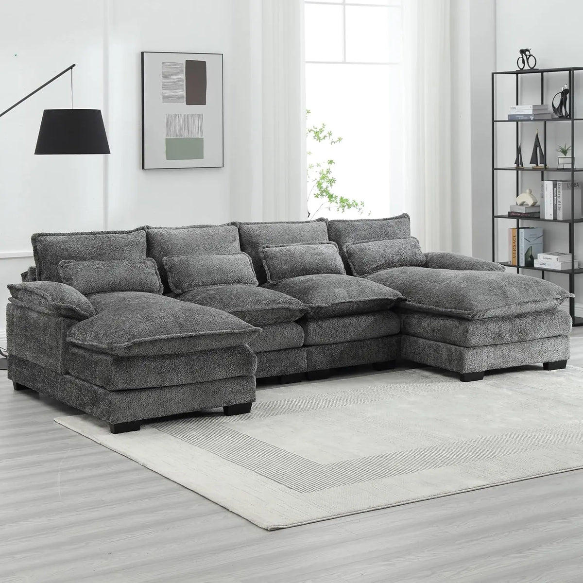 U-Shaped Sectional Couch, Modern Chenille Extra Large Modular Sofa with 4 Cushions,Memory Foam Funiture Set with Double Lounger
