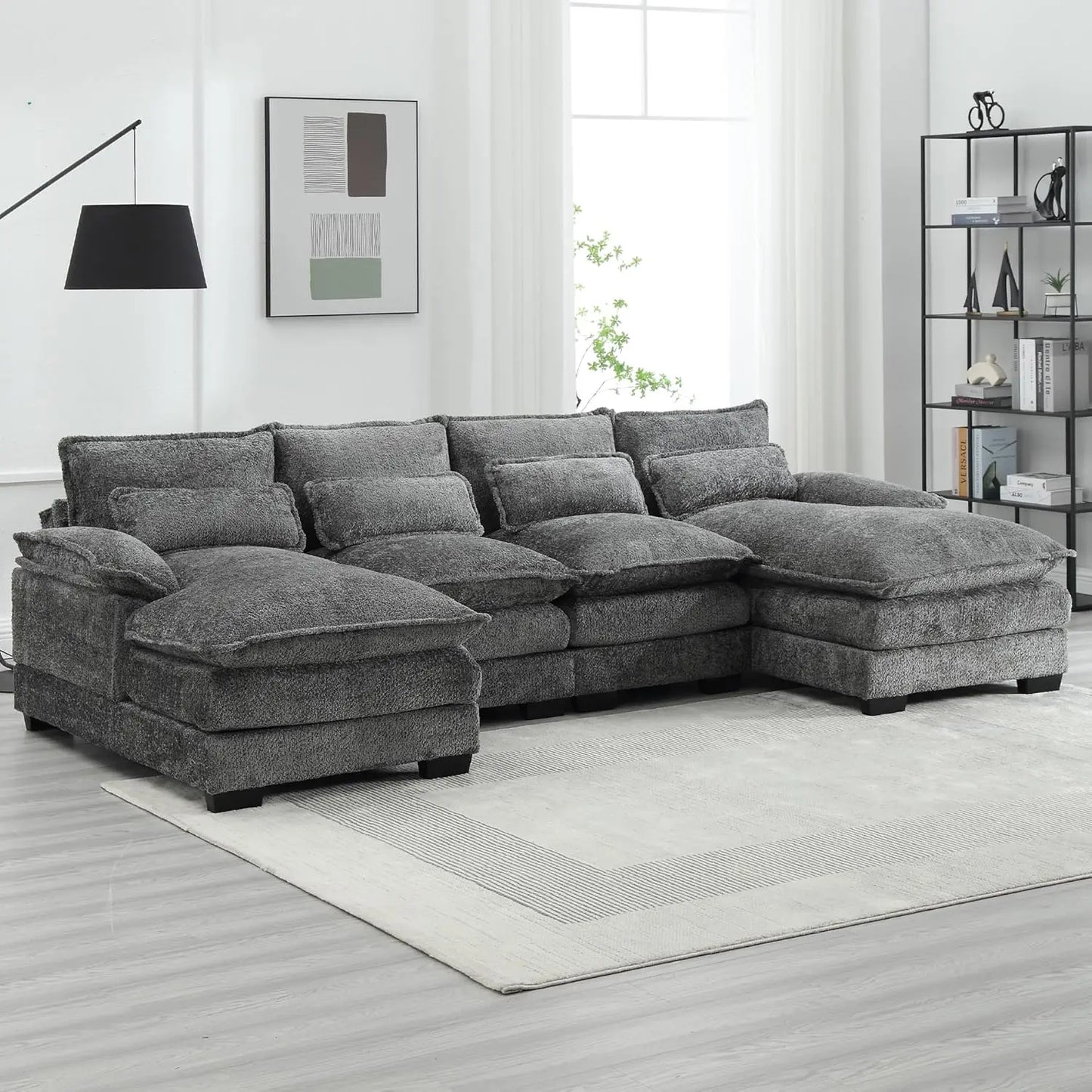 U-Shaped Sectional Couch, Modern Chenille Extra Large Modular Sofa with 4 Cushions,Memory Foam Funiture Set with Double Lounger