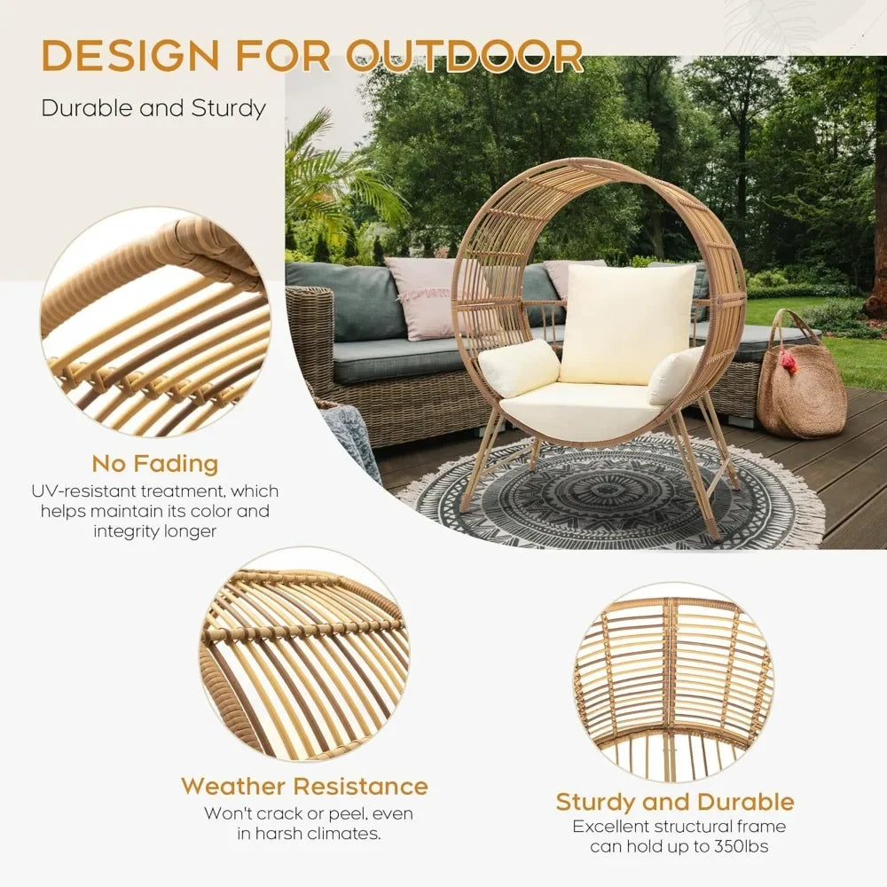 Outdoor Egg Chair, Oversized Wicker Patio Chairs with 6.69'' Cushions, 350LBS Capacity, Indoor Round Rattan Nest Chair with Sta