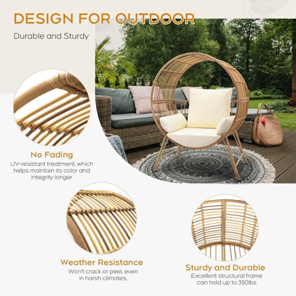 Outdoor Egg Chair, Oversized Wicker Patio Chairs with 6.69'' Cushions, 350LBS Capacity, Indoor Round Rattan Nest Chair with Sta