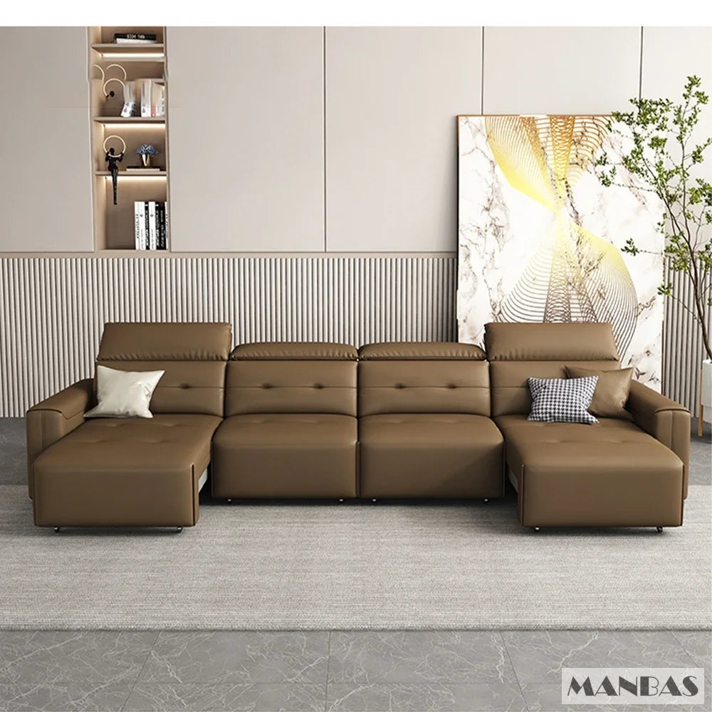Genuine Leather Electric Convertible Sofa Bed with Adjustable Headrest, Multifunctional Folding Sofa Beds for Cinema Living Room