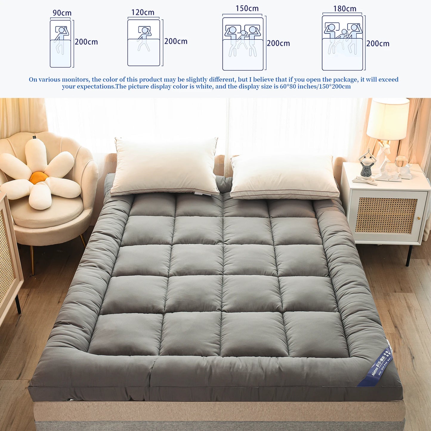 Queen Mattress Topper for Body Pain Relief, 1000 GSM Extra Thick Mattress Pad Cover with Elastic Pocket, 7D fiber Bed Topper