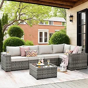 6 Pieces Patio Furniture Set Outdoor Sectional Sofa Couch with Comfy Cushions and Deep Seat