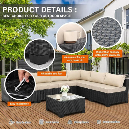 7-Piece Outdoor PE Wicker Furniture Set: Black Rattan Patio Sectional Sofa with Washable Khaki Cushions