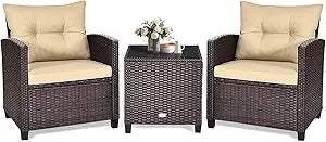 3 Piece Patio Furniture Set, Outdoor Conversation Set with Washable Cushions & Tempered Glass Tabletop, PE Rattan Wicker Bistro