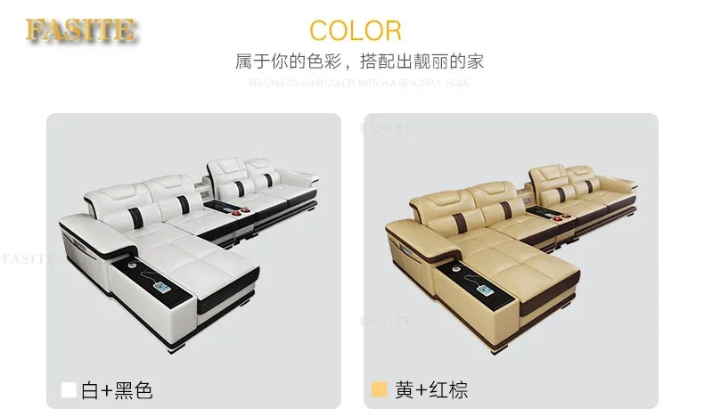 Living Room Sofa Set Corner Sofa Speaker Real Genuine Cow Leather Sectional Sofas Nordic L Shape Bluetooth Headrest Functional