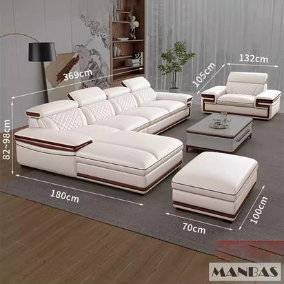 MINGDIBAO Premium Italian Genuine Leather Sofa Set for Living Room with Adjustable Headrests, Bluetooth Speaker, Wireless Charge