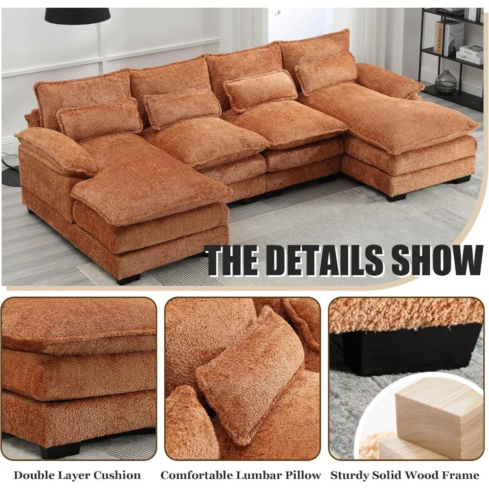 U-Shaped Sectional Couch, Modern Chenille Extra Large Modular Sofa with 4 Cushions,Memory Foam Funiture Set with Double Lounger