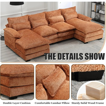 U-Shaped Sectional Couch, Modern Chenille Extra Large Modular Sofa with 4 Cushions,Memory Foam Funiture Set with Double Lounger
