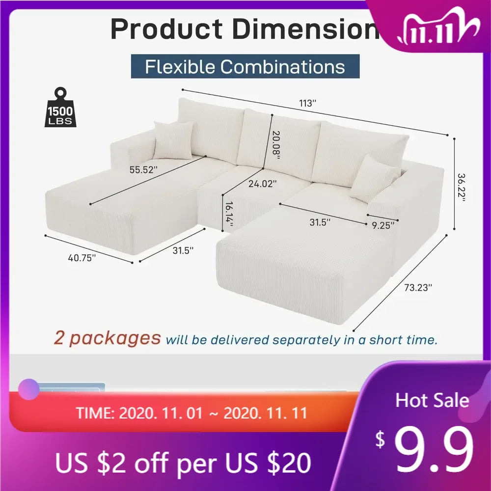 beige 113" sectional cloud boneless sofa, 3 seater u-shaped modern modular lounge couch for living room, no assembly required