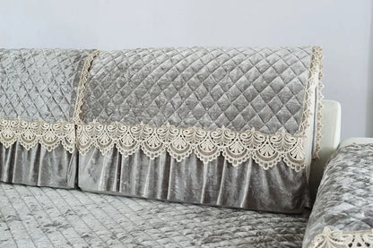 Embroidery Lace Sofa Cushion Gold Velvet Hemline Sofa Cover Autumn Winter European Couch Cover Solid Color Checkered Sofa Mat