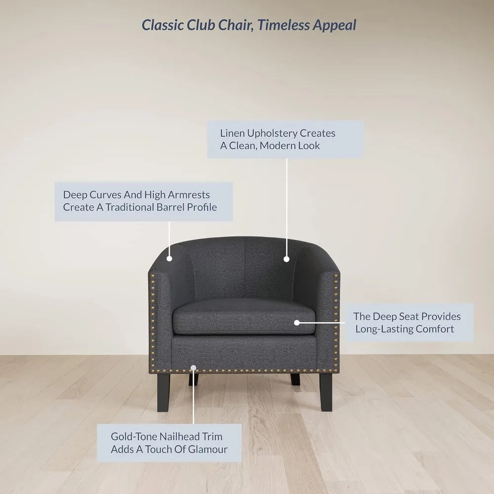 Barrel Chair, Modern Tub Club Chair Upholstered Armchair with Gold Nail Head Trim and Black Legs for Living Room Bedroom
