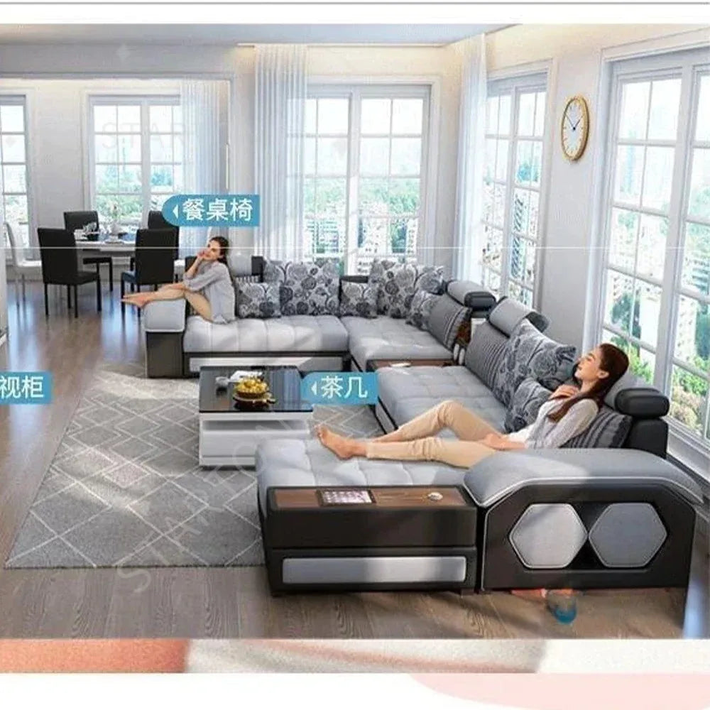 U-Shaped Sectional Fabric Sofa Set - Modern Living Room Furniture with Storage, and Cushions