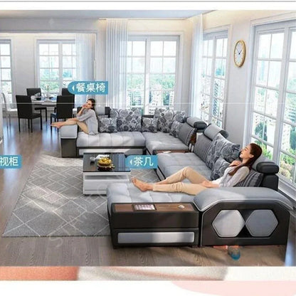 U-Shaped Sectional Fabric Sofa Set - Modern Living Room Furniture with Storage, and Cushions