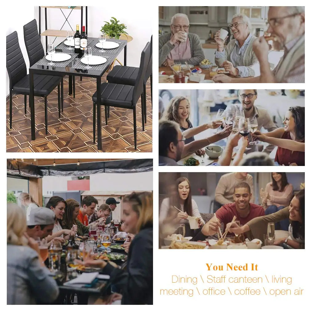 Dining Room Table Set 5-Piece Kitchen with 4 Faux Leather Metal Frame Chairs Rectangular Modern for Small Spaces w/Glass Tableto