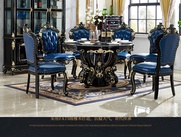 HTT marble dining table and chair combination carved round table for household8 people round  with turntable furniture