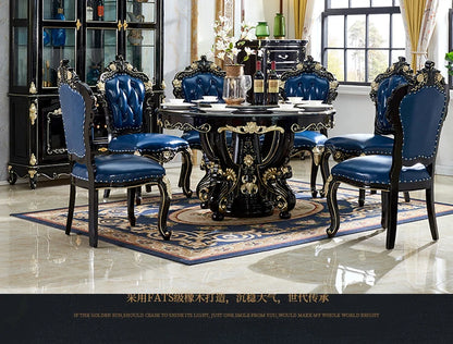 HTT marble dining table and chair combination carved round table for household8 people round  with turntable furniture
