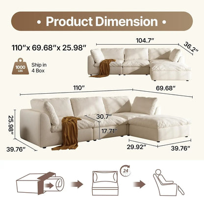 110" Cloud Couch Modular Sectional Sofa, Convertible L-Shape Couch with Ottoman, Modern Sofa3 Seater Modular, Customized