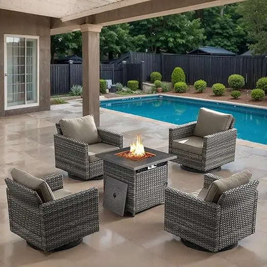 Outdoor Swivel Rocker Chairs Set of 4 with Fire Pit Table - 5 Peice Wicker Patio Furniture Set Conversation Set with 50,000 BTU