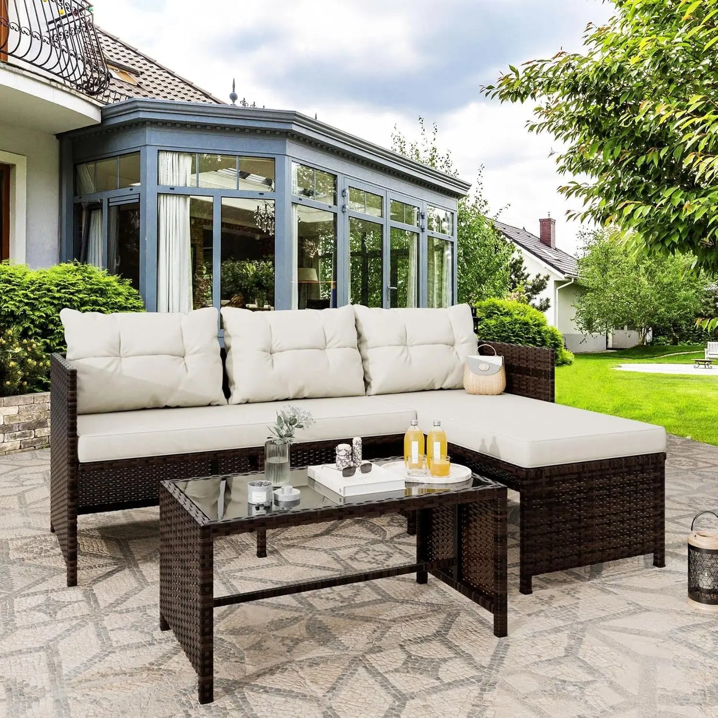3-Piece Outdoor Patio Furniture Set with Glass Table and Cushions, All-Weather Wicker Rattan Sofa in Blue Grey