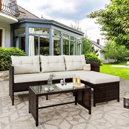 3-Piece Outdoor Patio Furniture Set with Glass Table and Cushions, All-Weather Wicker Rattan Sofa in Blue Grey