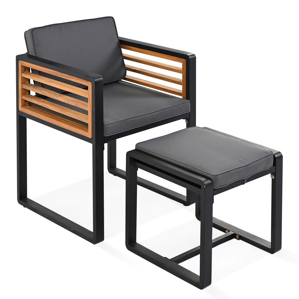 9-Pieces Acacia Wood Patio Dining Set, Space Saving Outdoor Patio Set, 4 Cushioned Chairs & 4 Ottomans & 1 Square Table