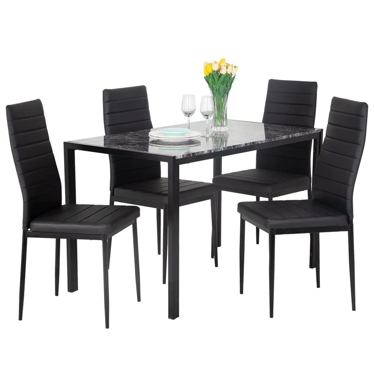 Dining Room Table Set 5-Piece Kitchen with 4 Faux Leather Metal Frame Chairs Rectangular Modern for Small Spaces w/Glass Tableto
