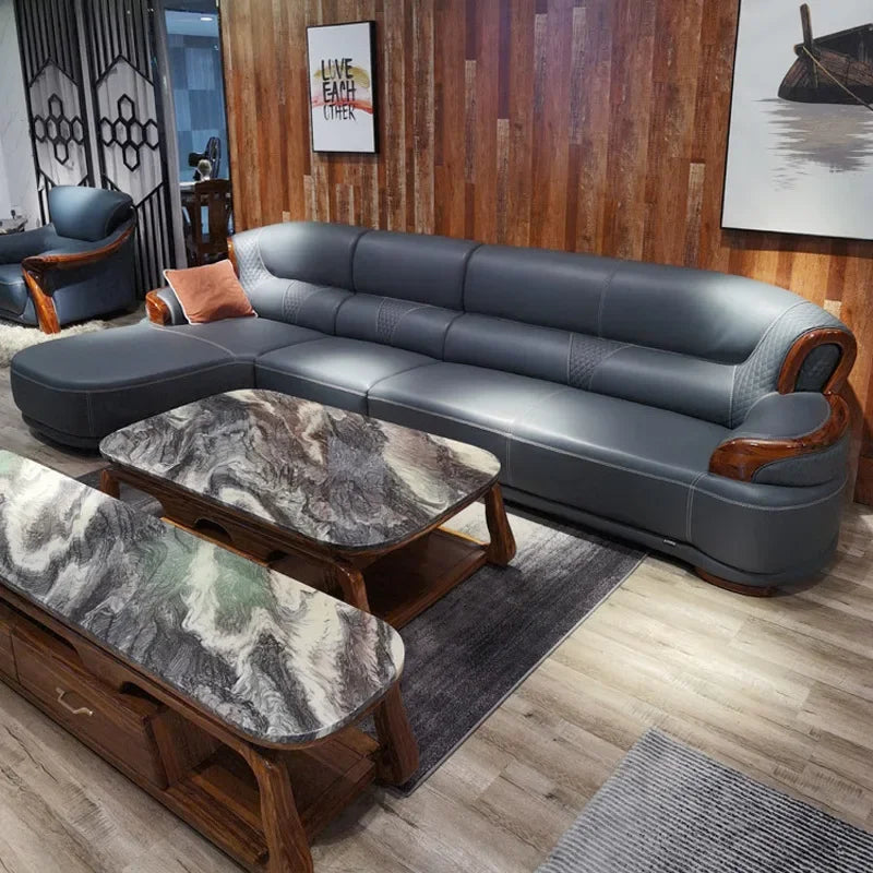 Ebony leather living room sofa combination modern simple light luxury new Chinese style solid wood first layer cowhide furniture