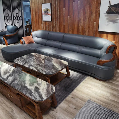 Ebony leather living room sofa combination modern simple light luxury new Chinese style solid wood first layer cowhide furniture