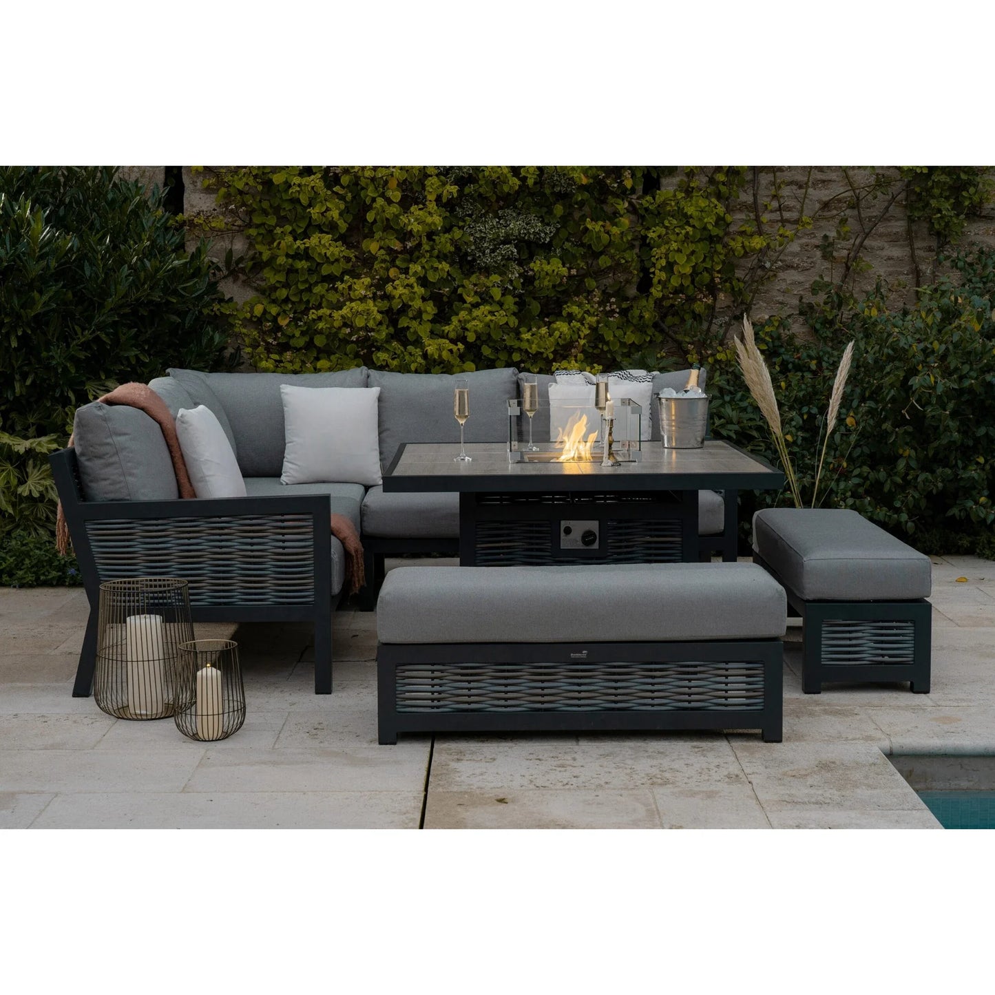 Premium 4-Piece Outdoor Lounge Set – All-Weather Wicker Sofa with Fire Pit Table