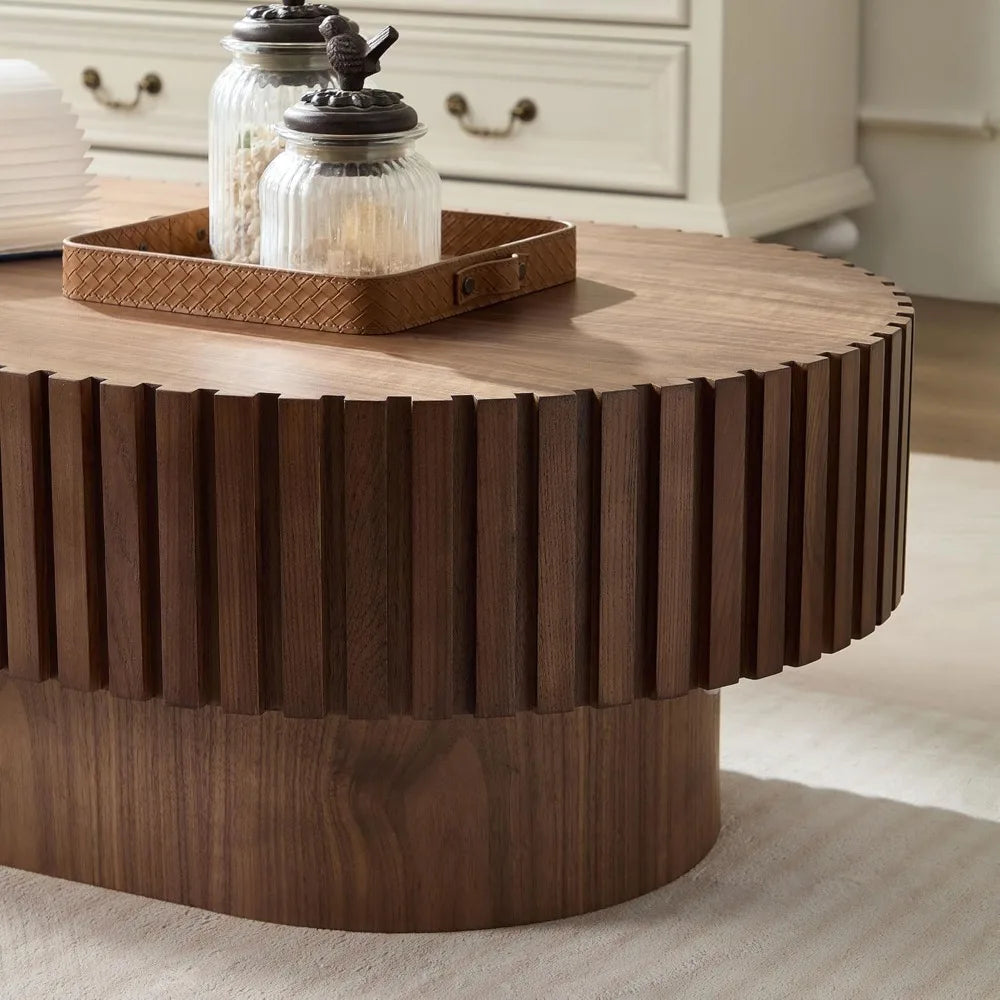 Oval Coffee Table for Living Room Fluted Coffee Table with Pedestal Modern Handcrafted Wood Centre