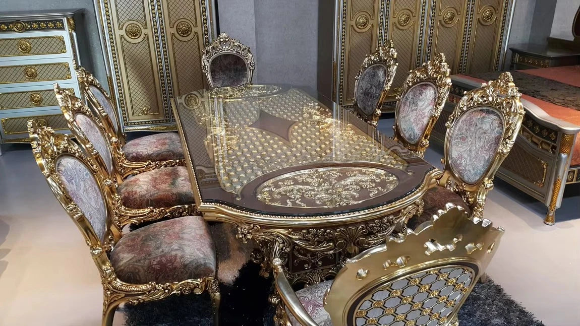 French Royal Baroque Dining Set — Hand-Carved Solid Wood Table with Upholstered Chairs, Luxury Gold for Villa/Hotel