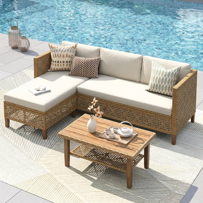 Wicker Patio Furniture Set, Sectional Outdoor Sofa with Cushions and Acacia Wood Coffee Table, L-Shaped Small Patio Co