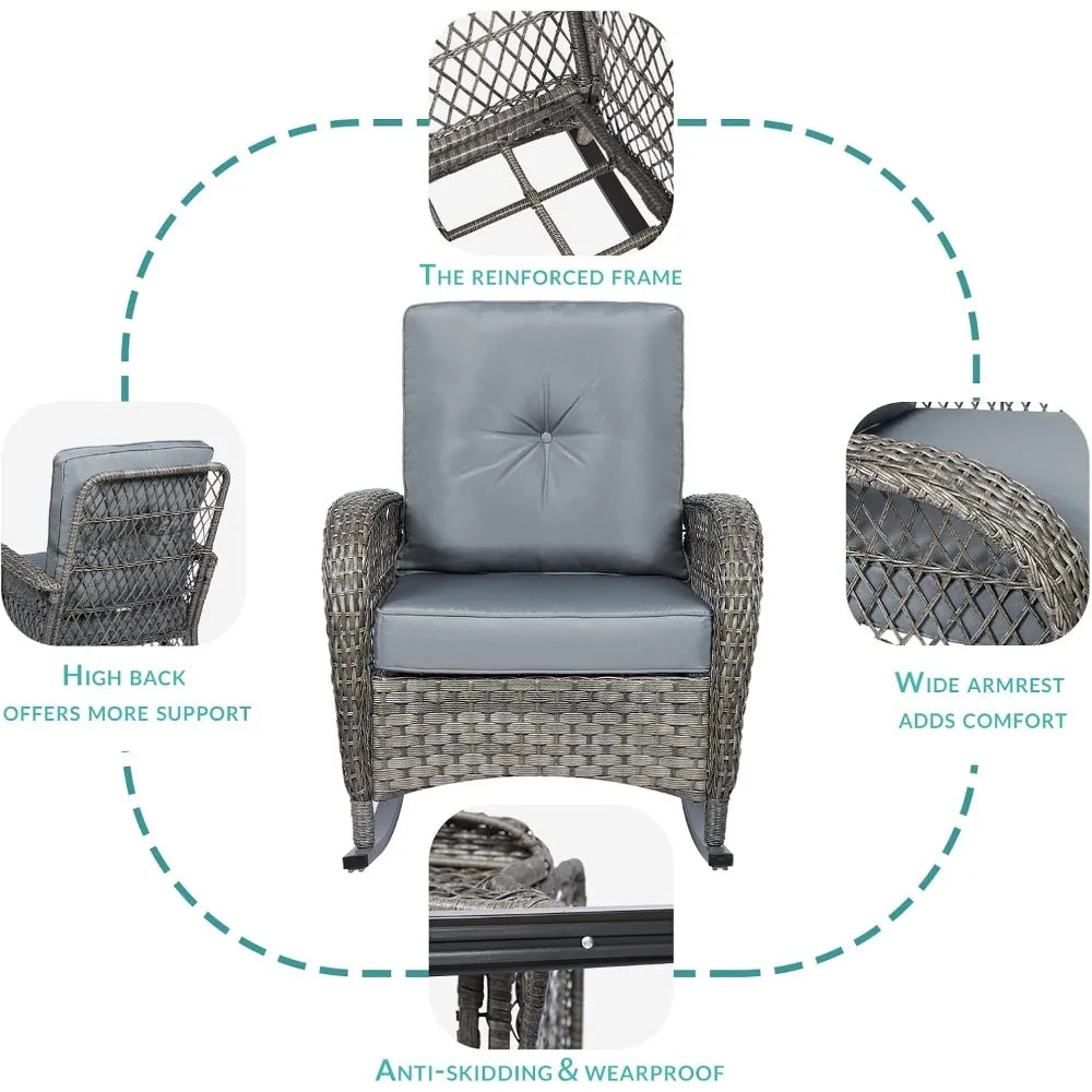 Outdoor Wicker Rocking Chair Trio with Cushions and Glass Coffee Table Patio Set