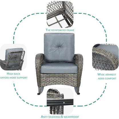 Outdoor Wicker Rocking Chair Trio with Cushions and Glass Coffee Table Patio Set