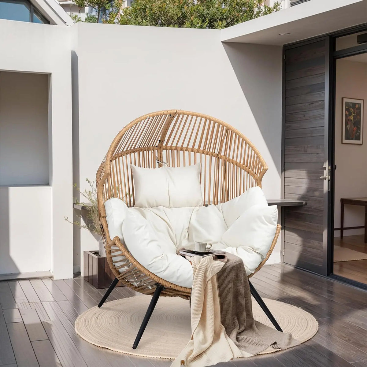 Oversized Wicker Egg Chair with Cushion, Indoor Outdoor Patio Lounger for Living Room Bedroom Balcony