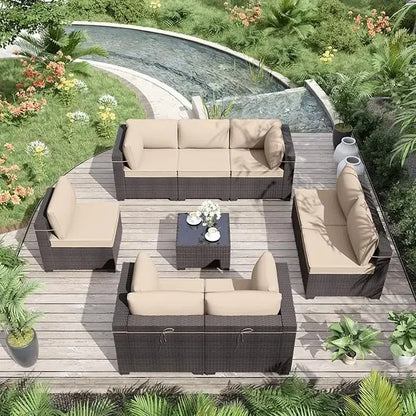 Outdoor Patio Sectional Sofa Set - 9 Piece Brown PE Rattan Conversation Furniture