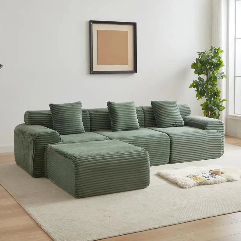 114-Inch Modular Corduroy Sofa, Featuring Inlaid Structure, 3 Throw Pillows, Wider Backrest, and 4 Configurable Modules for