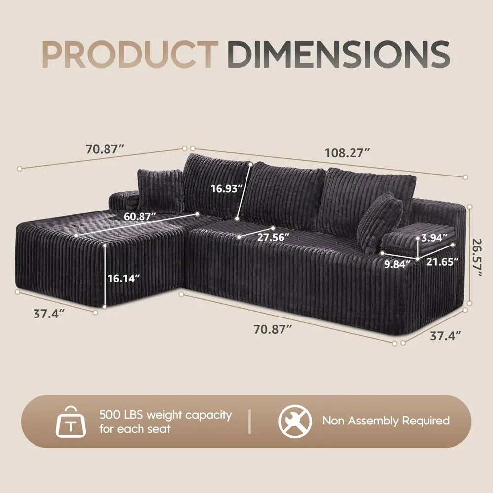 Sectional Sofa Couch, L-Shape Couch 3 Seater Couches for Living Room, Cloud Couch with Oversized Chaise