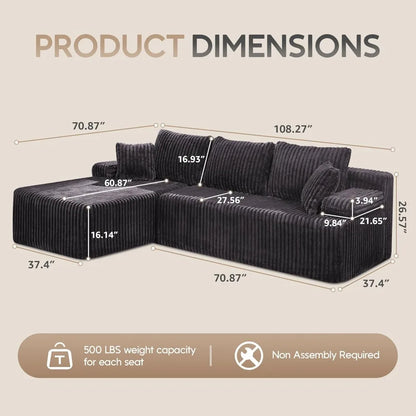 Sectional Sofa Couch, L-Shape Couch 3 Seater Couches for Living Room, Cloud Couch with Oversized Chaise